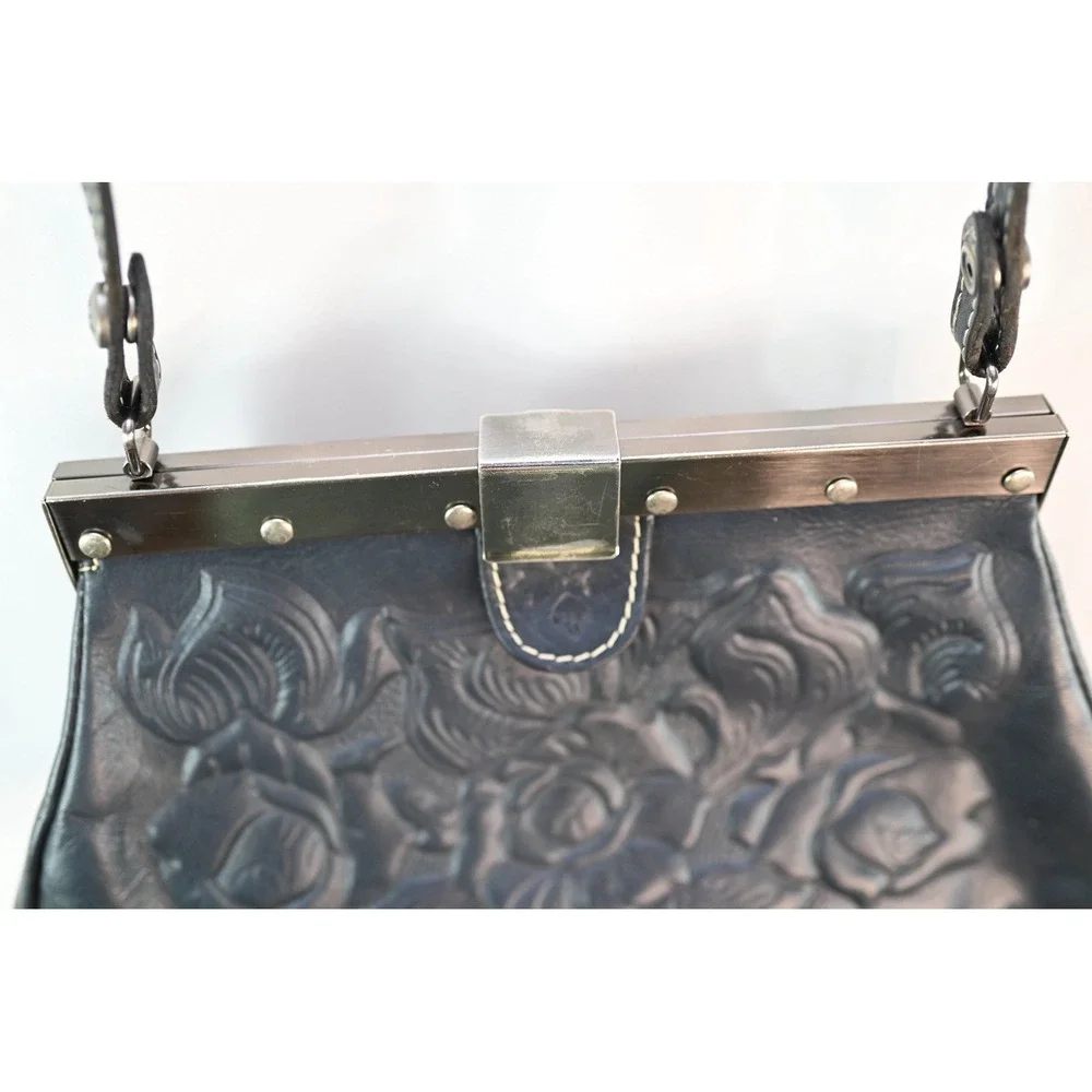 Patricia Nash Navy Italian Leather Floral Embossed Shoulder Bag Silver Hardware